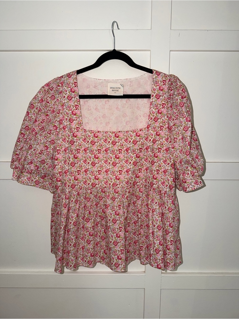 Hyacinth House Pink Floral Square-Neck Puff Sleeve Peplum Blouse